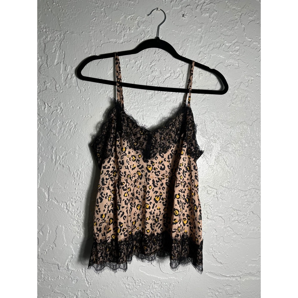 Hem & Thread Leopard Print Lace Trim Cami Tank Top Satin Animal Print Medium NEW